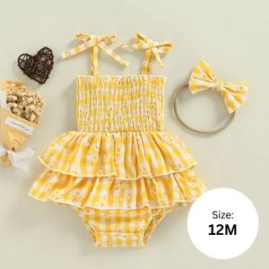 BABY GIRL YELLOW CHECKERED SUNFLWR COTTON DRESS MATCHING HEADBAND BOW - 12 MONTH